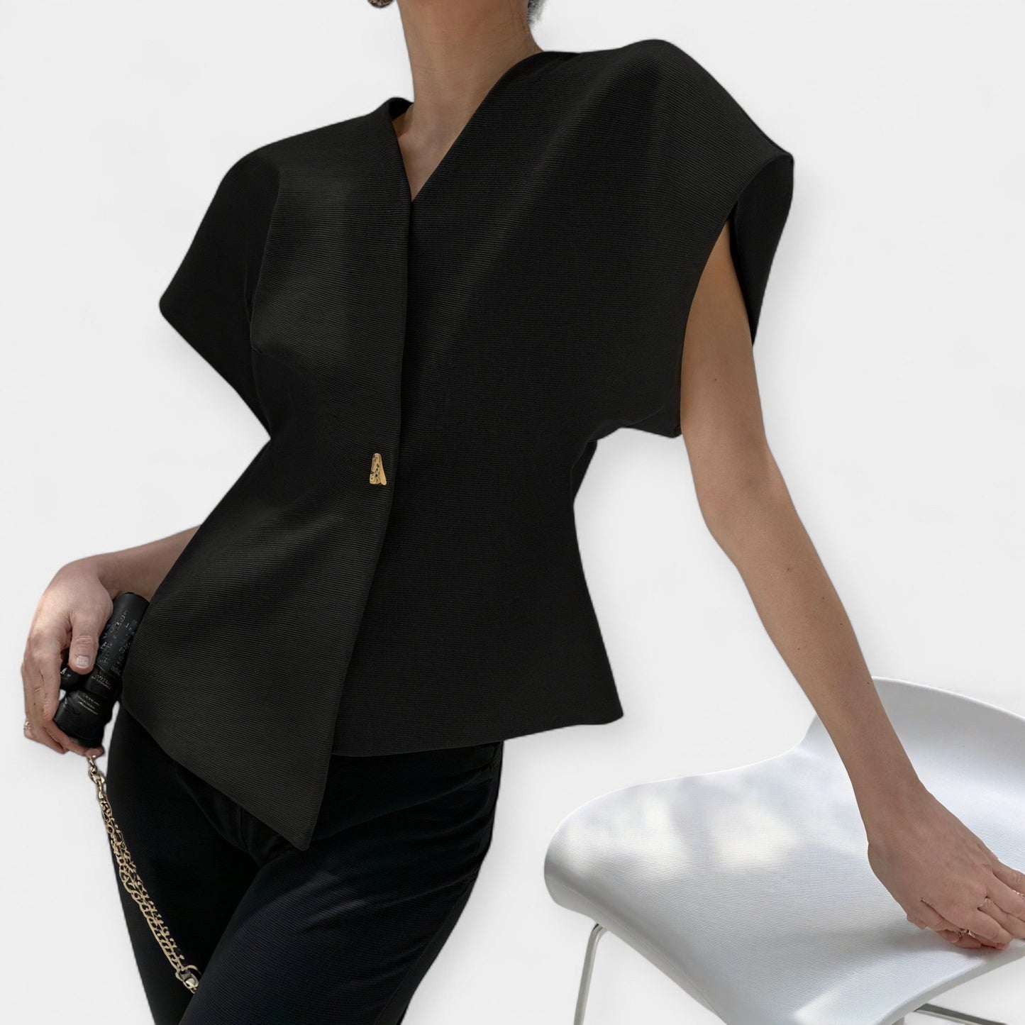 Felicity Structured Wrap Blouse – Textured Women’s Top with Gold Detail