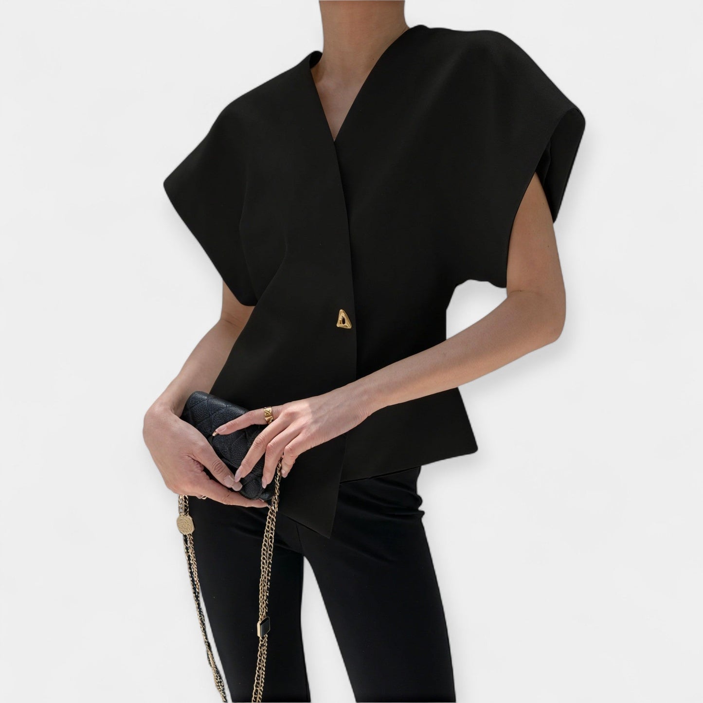 Felicity Structured Wrap Blouse – Textured Women’s Top with Gold Detail