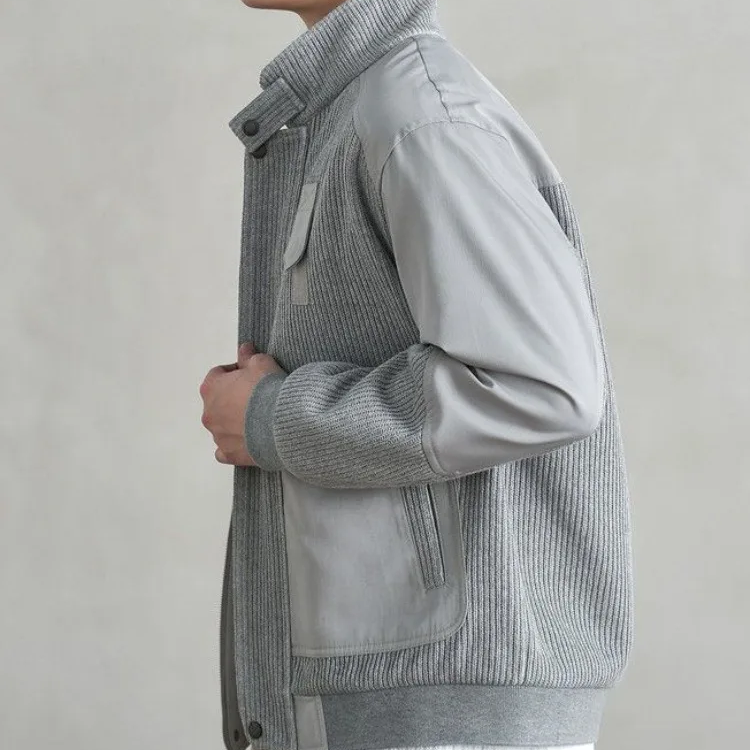 Harrington Stand Collar Men’s Patchwork Jacket – Corduroy & Woven Panel Contrast