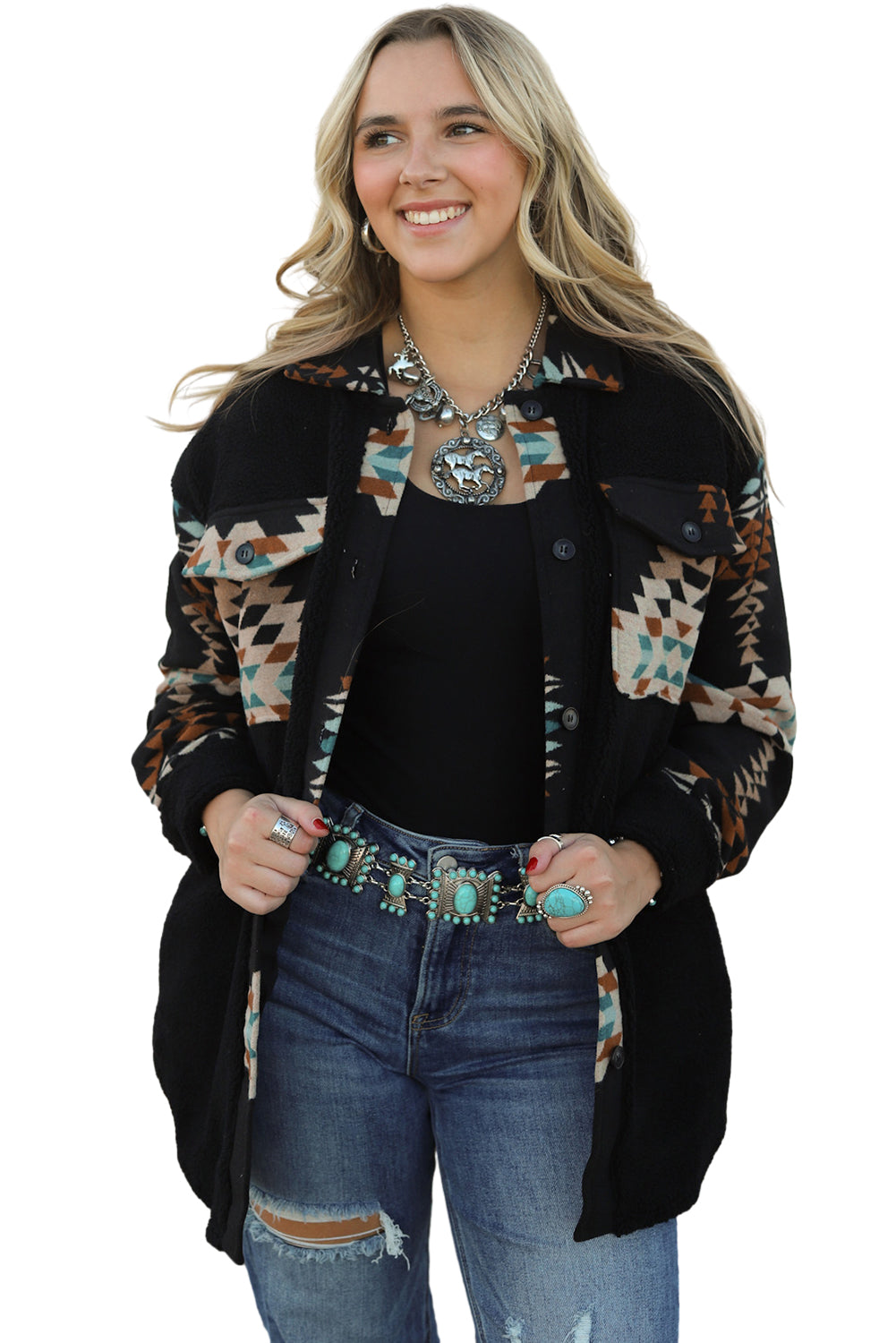 Black Fleece Shacket with Aztec Print - Trendy and Comfortable