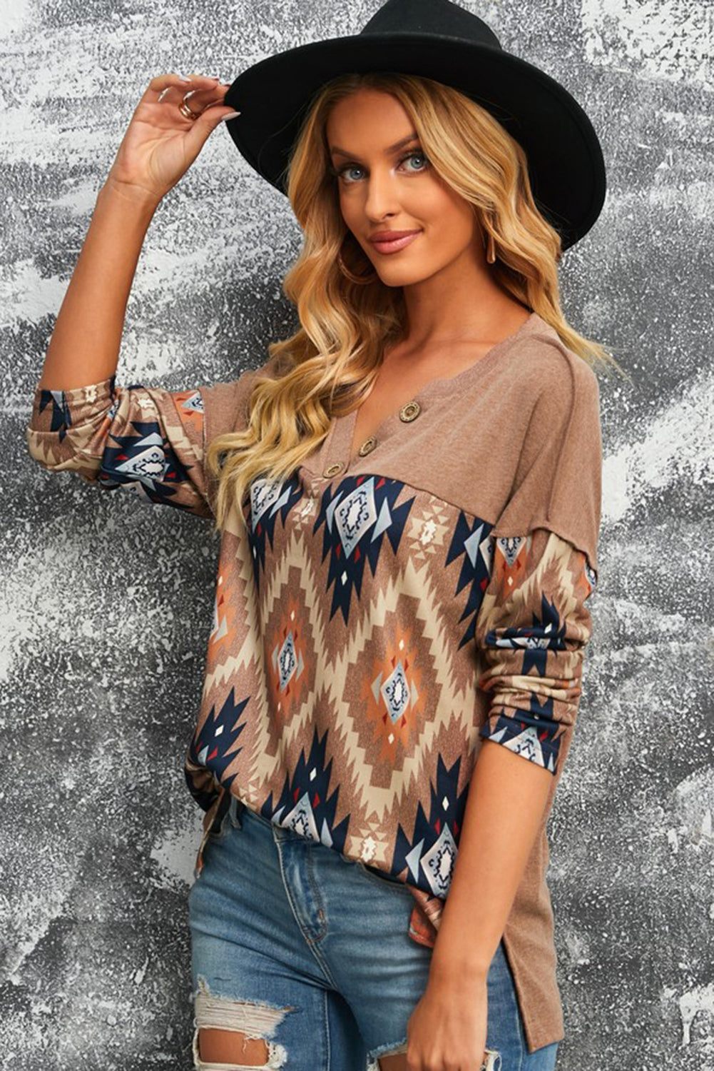 Stylish Brown V-Neck Western Top with Aztec Print
