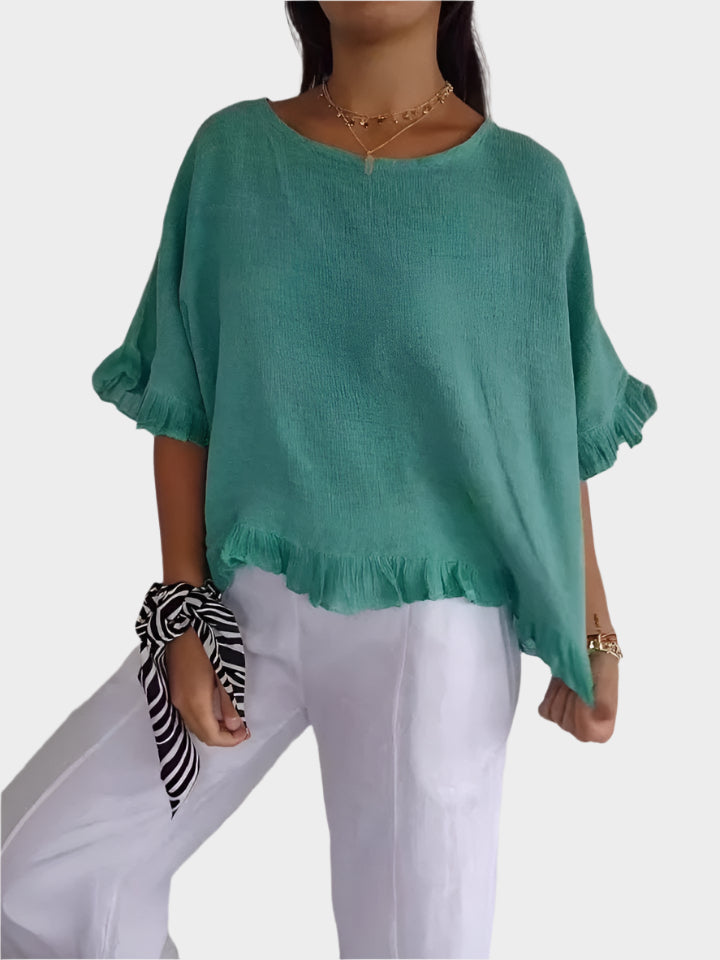 Clara Women’s Linen Blouse – Lightweight Relaxed Fit with Ruffle Detail