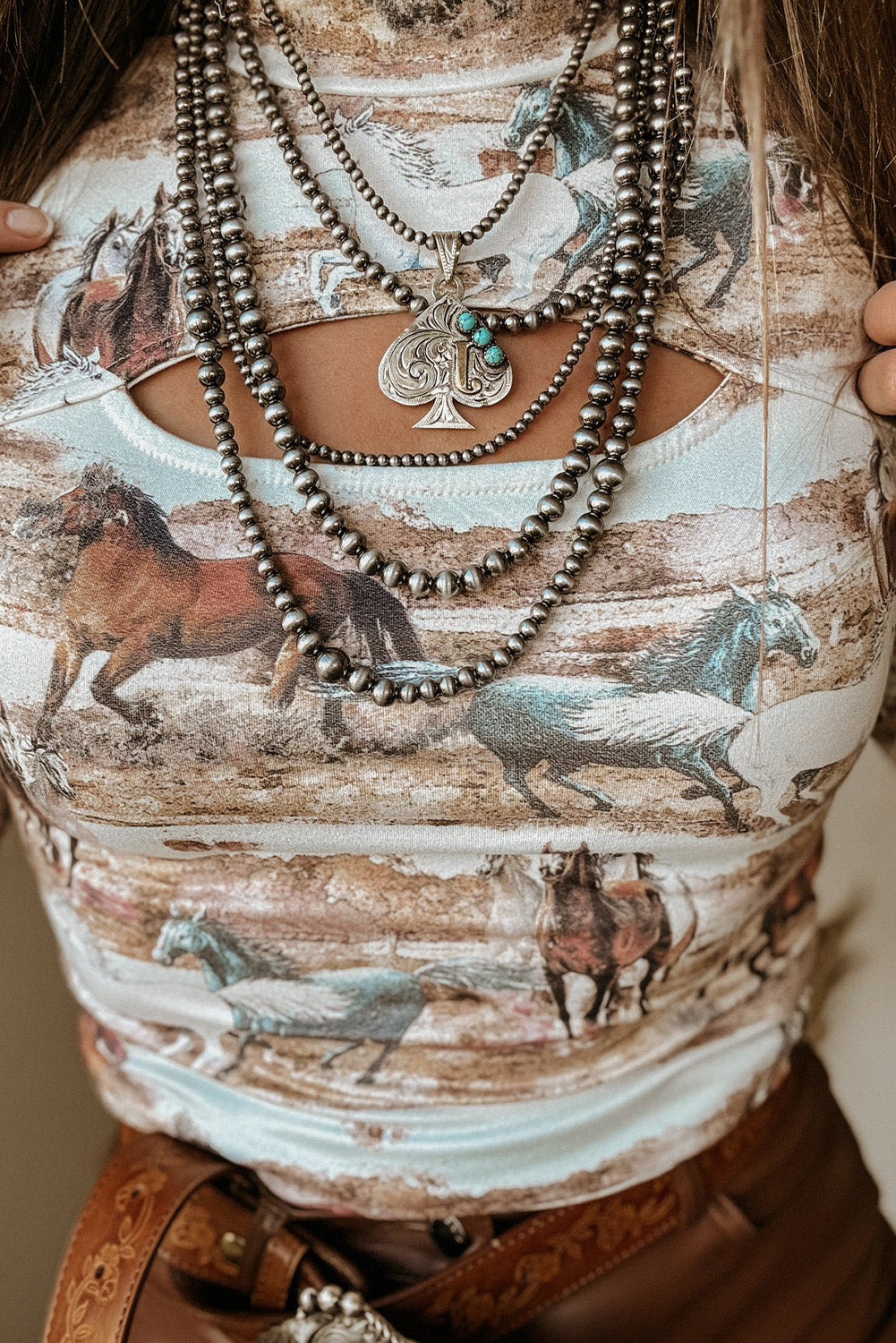Stylish Brown High Neck Top with Western Horse Print