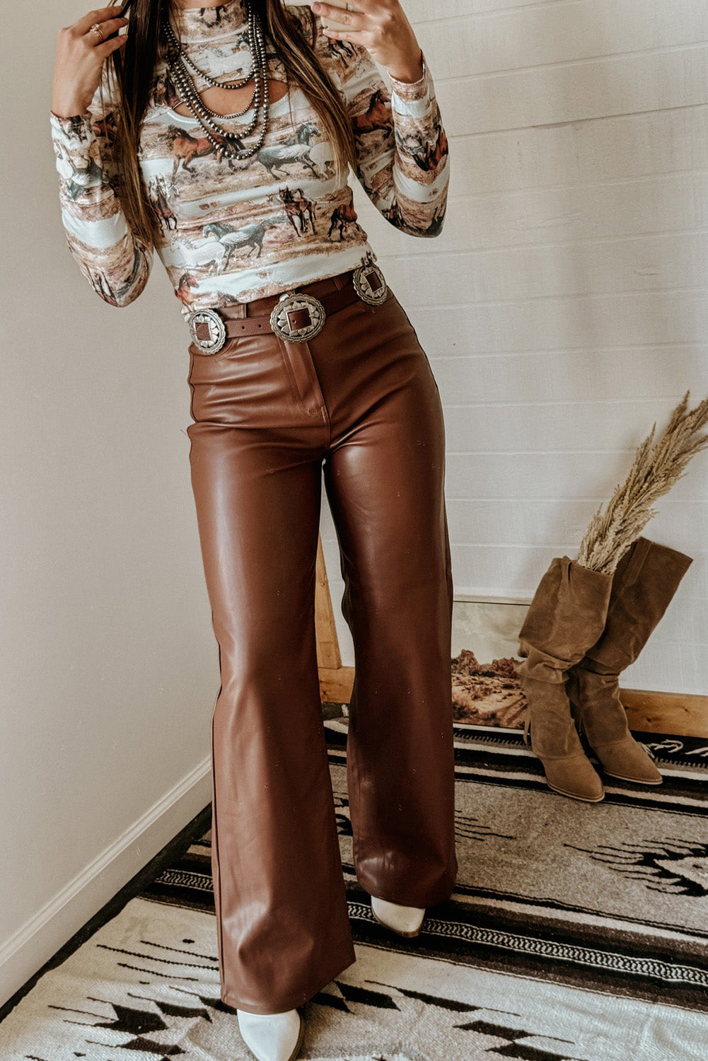 Stylish Brown High Neck Top with Western Horse Print