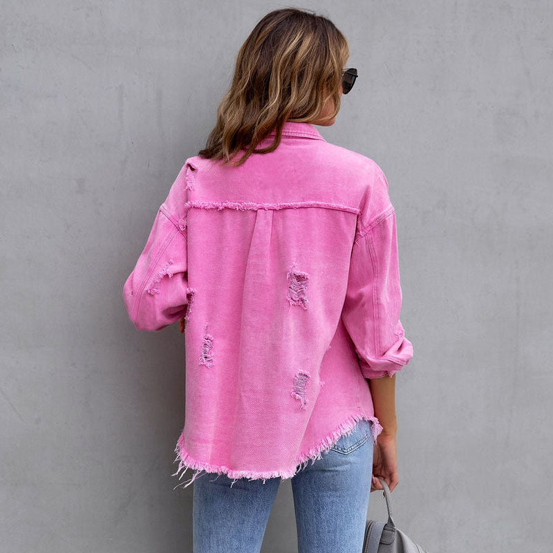 Moira Fringed Denim Jacket – Women’s Oversized Lightweight Jacket with Distressed Hem