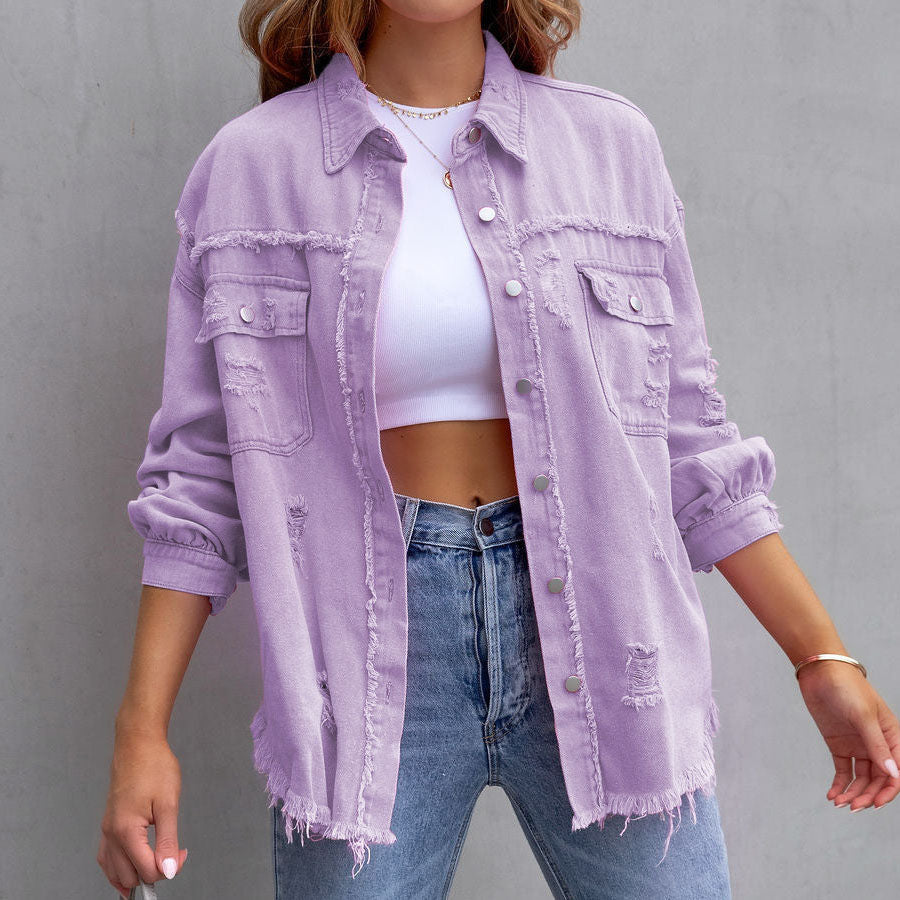Moira Fringed Denim Jacket – Women’s Oversized Lightweight Jacket with Distressed Hem