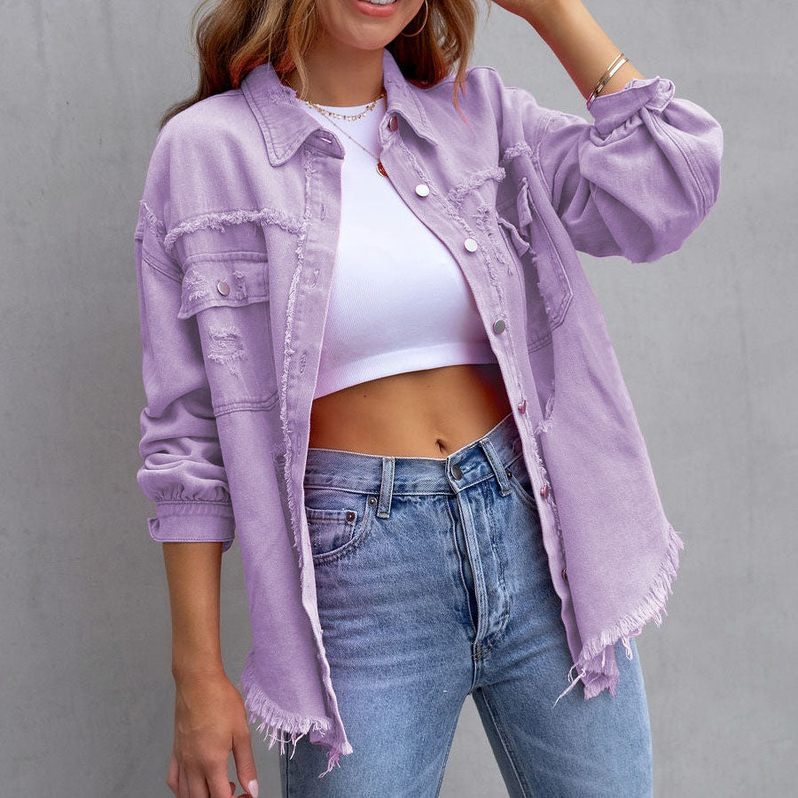 Moira Fringed Denim Jacket – Women’s Oversized Lightweight Jacket with Distressed Hem
