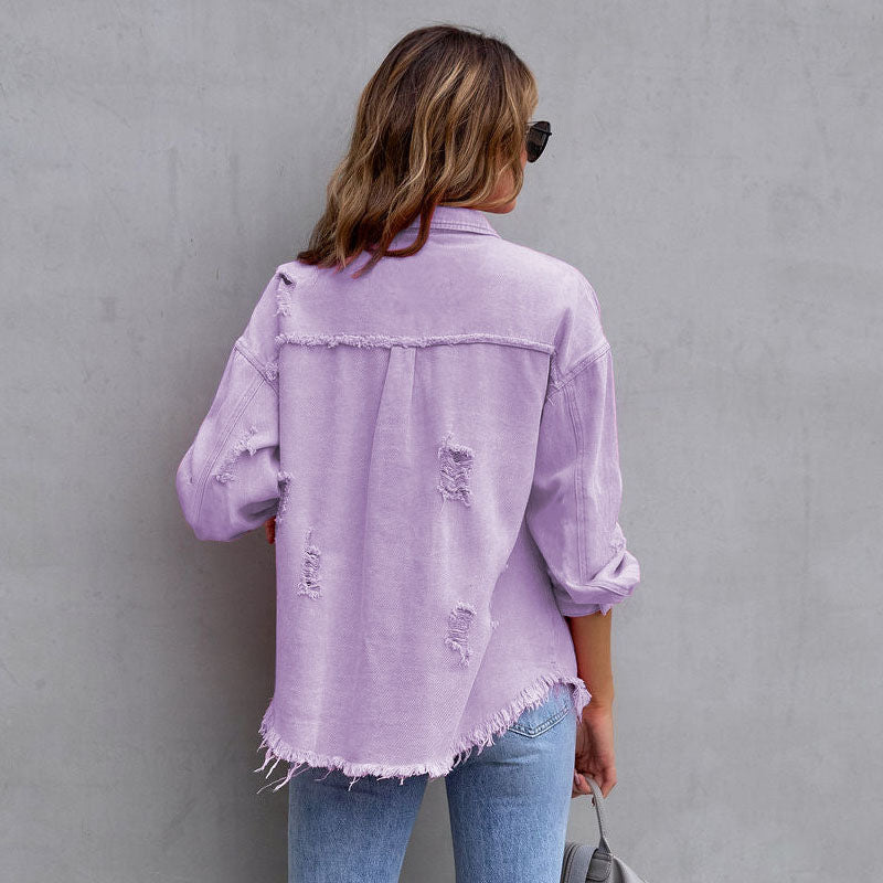 Moira Fringed Denim Jacket – Women’s Oversized Lightweight Jacket with Distressed Hem