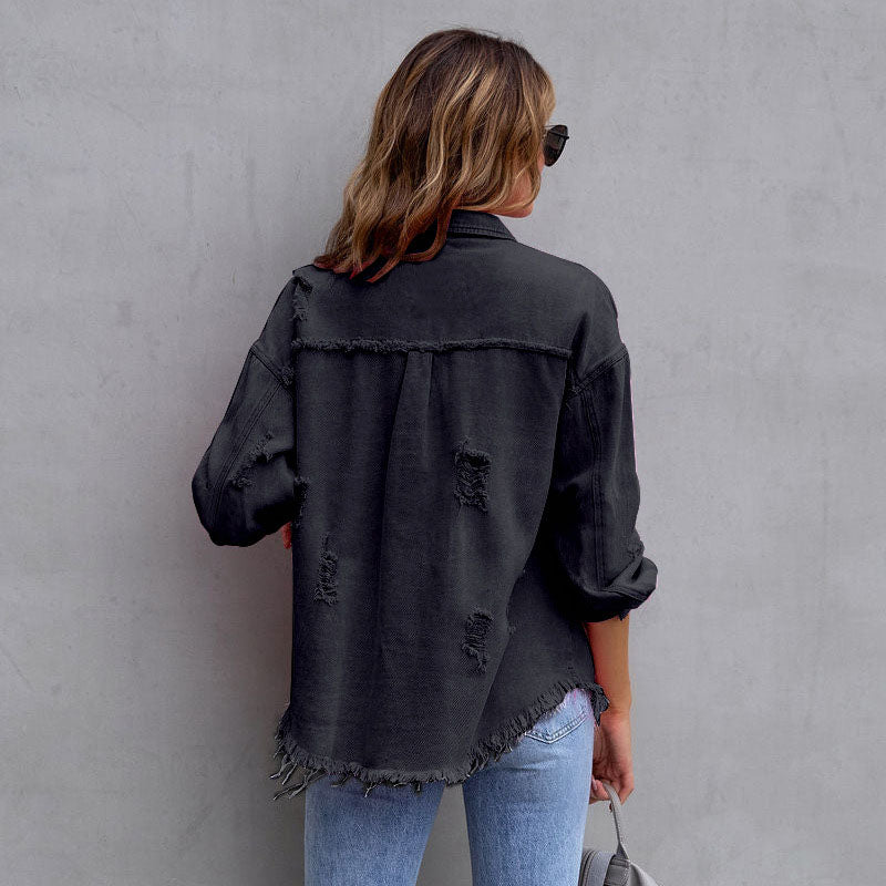 Moira Fringed Denim Jacket – Women’s Oversized Lightweight Jacket with Distressed Hem