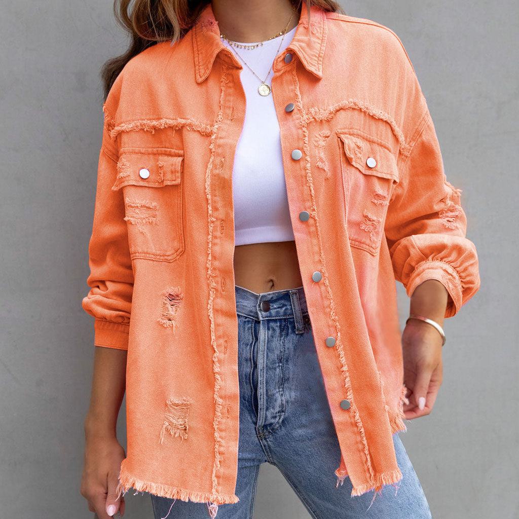 Moira Fringed Denim Jacket – Women’s Oversized Lightweight Jacket with Distressed Hem