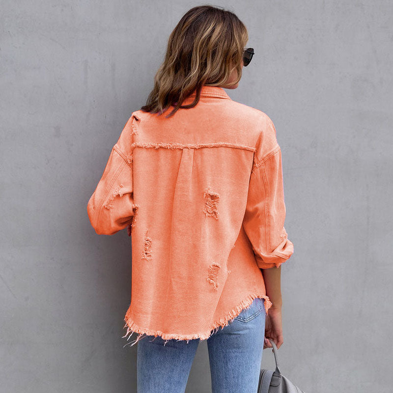 Moira Fringed Denim Jacket – Women’s Oversized Lightweight Jacket with Distressed Hem