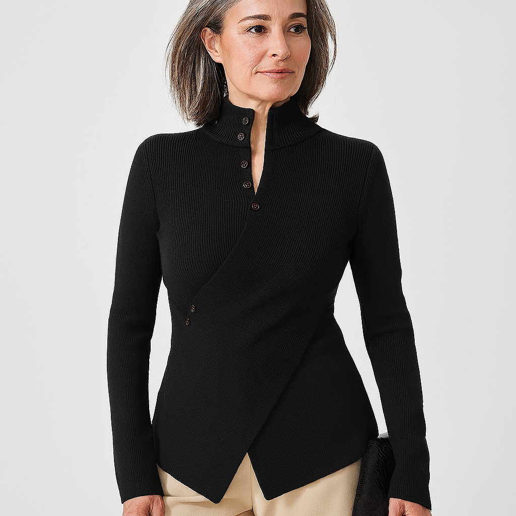 Mireille Women’s Knit Sweater – Black V-Neck with Sculpted Silhouette