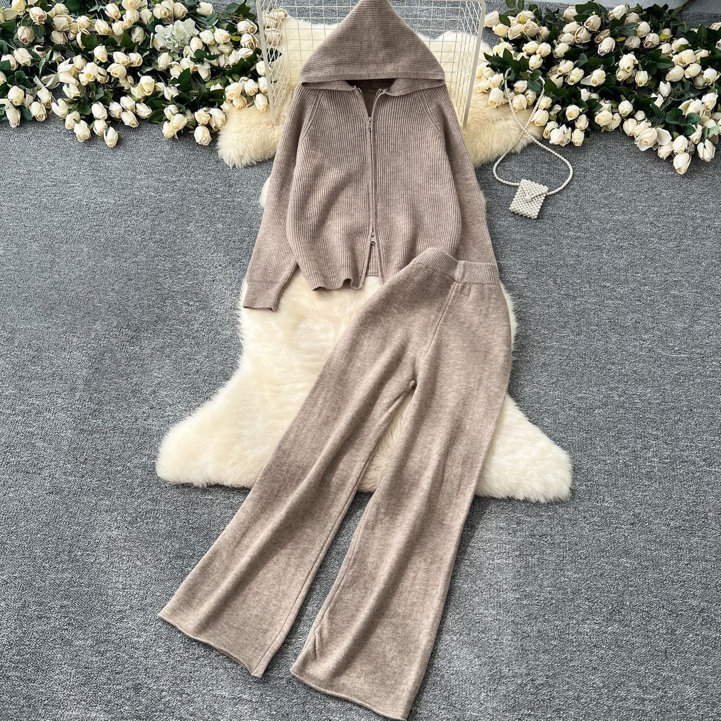 Anna Women’s Lounge Set – Polyester Blend Hooded Sweater & Wide-Leg Pants