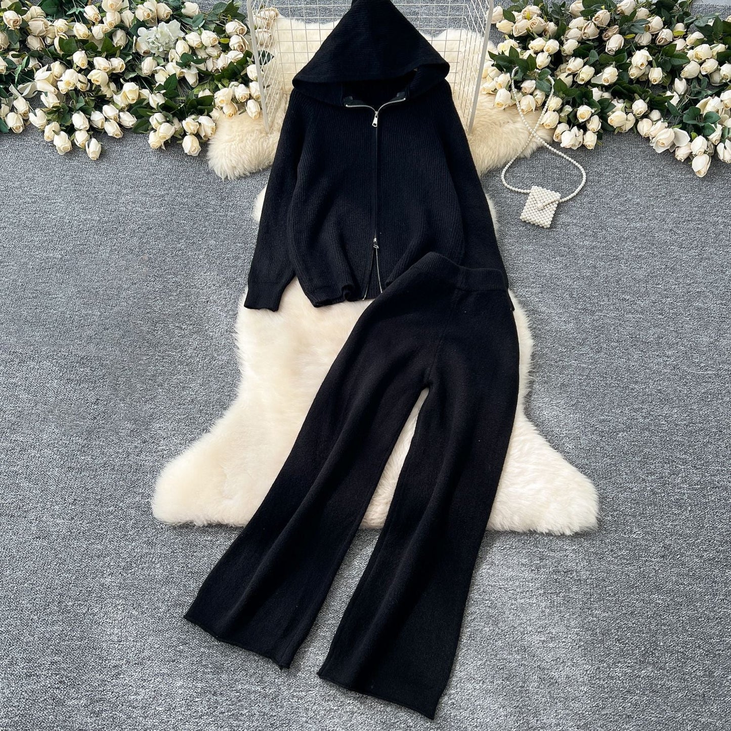 Anna Women’s Lounge Set – Polyester Blend Hooded Sweater & Wide-Leg Pants