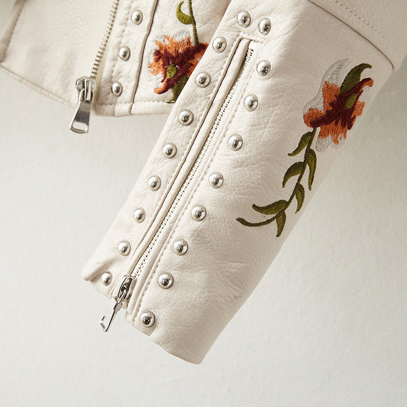 Sofia Vegan Leather Jacket – Women’s Studded Moto Style with Floral Embroidery