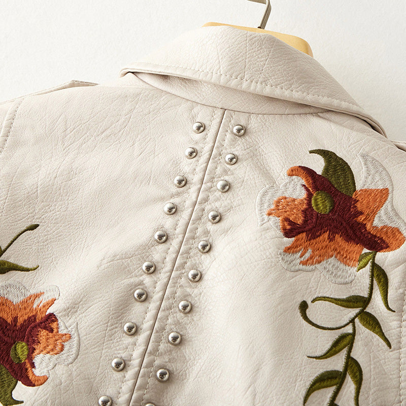 Sofia Vegan Leather Jacket – Women’s Studded Moto Style with Floral Embroidery