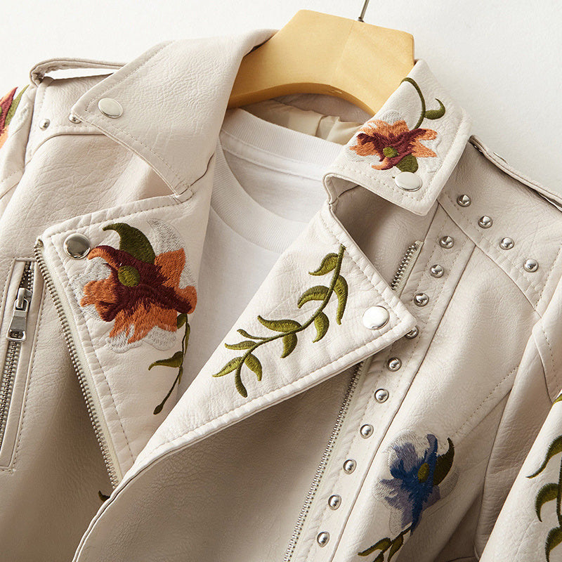 Sofia Vegan Leather Jacket – Women’s Studded Moto Style with Floral Embroidery