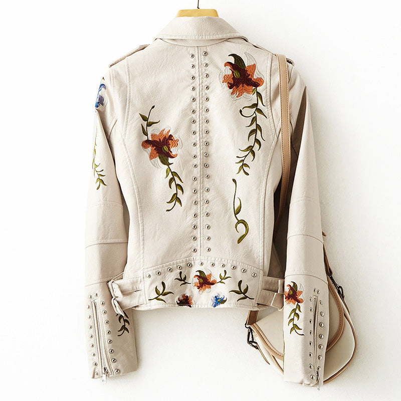 Sofia Vegan Leather Jacket – Women’s Studded Moto Style with Floral Embroidery