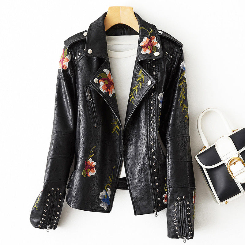 Sofia Vegan Leather Jacket – Women’s Studded Moto Style with Floral Embroidery