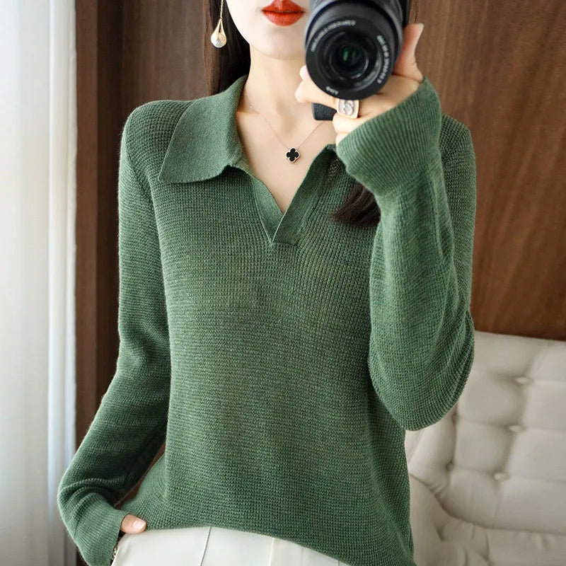 Sofia Knit Polo Sweater – V-Neck Pullover in Soft Ribbed Cotton Blend