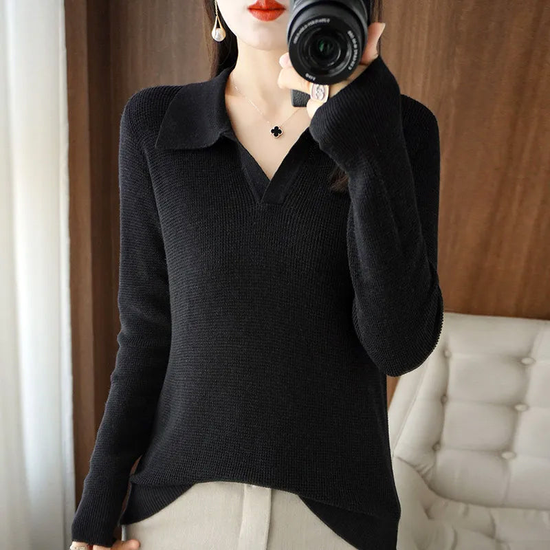 Clara Women’s V Neck Sweater – Wool Cotton Blend with Refined Silhouette