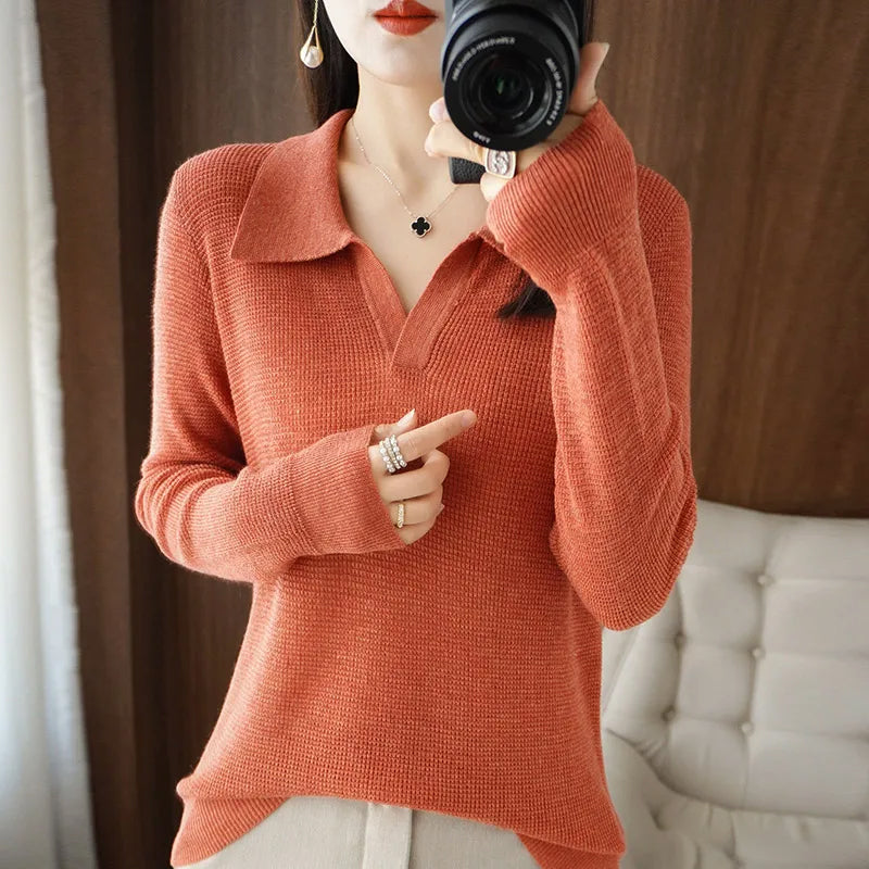 Sofia Knit Polo Sweater – V-Neck Pullover in Soft Ribbed Cotton Blend