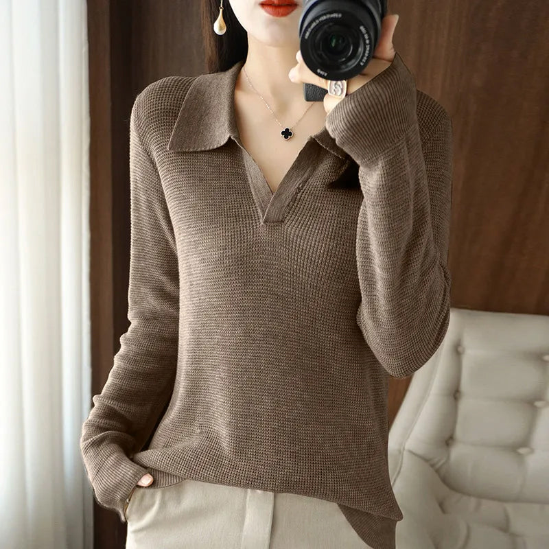 Sofia Knit Polo Sweater – V-Neck Pullover in Soft Ribbed Cotton Blend