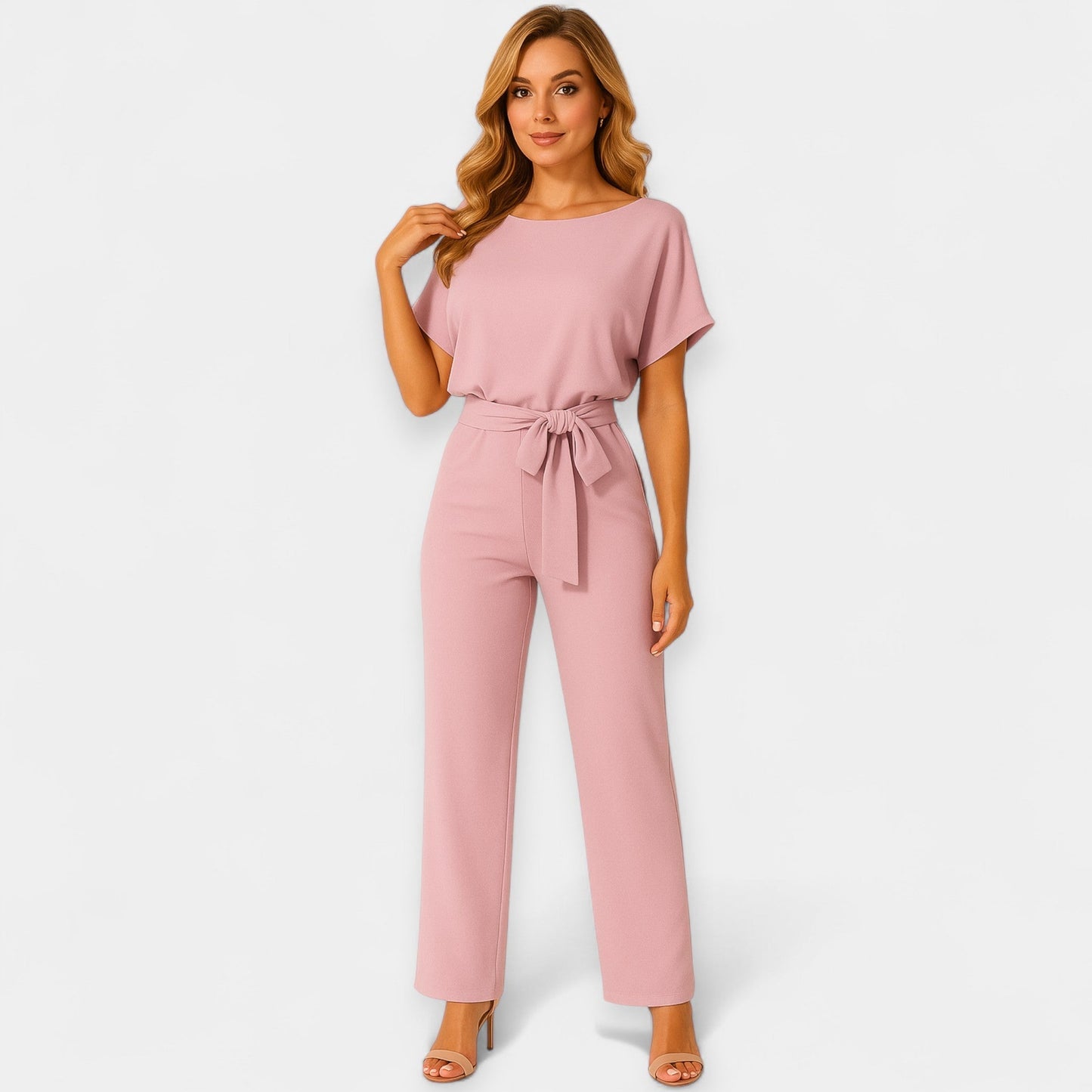 Michelle Women’s Jumpsuit – Lightweight Fabric with Adjustable Tie Belt