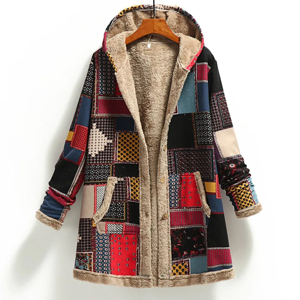 Gianna Wool Blend Patchwork Jacket – Relaxed Fit Women’s Winter Coat with Hood