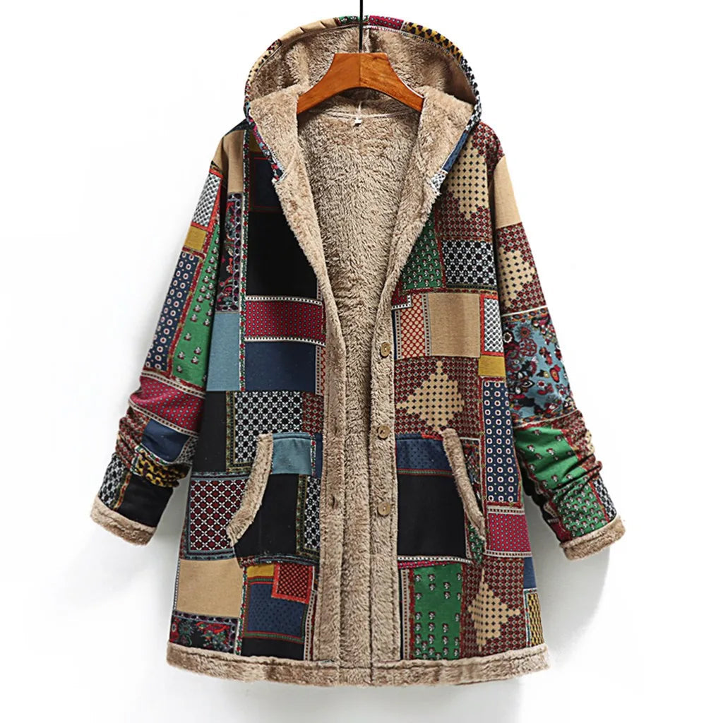 Gianna Wool Blend Patchwork Jacket – Relaxed Fit Women’s Winter Coat with Hood