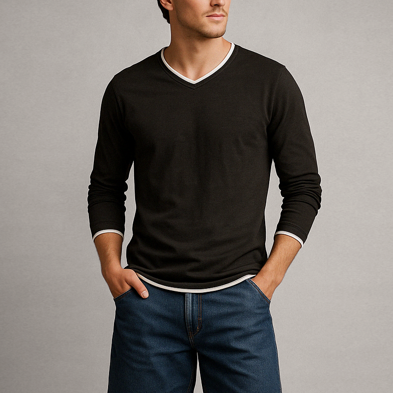 Randy Men’s Cotton Long Sleeve Shirt – Minimalist Vintage Fit with Contrast Trim