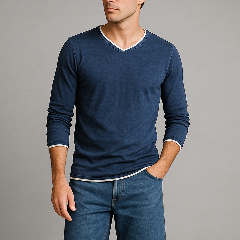 Randy Men’s Cotton Long Sleeve Shirt – Minimalist Vintage Fit with Contrast Trim