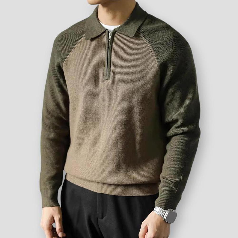 Danny Men’s Quarter Zip Sweater – Knit Polo Pullover with Contrast Panels