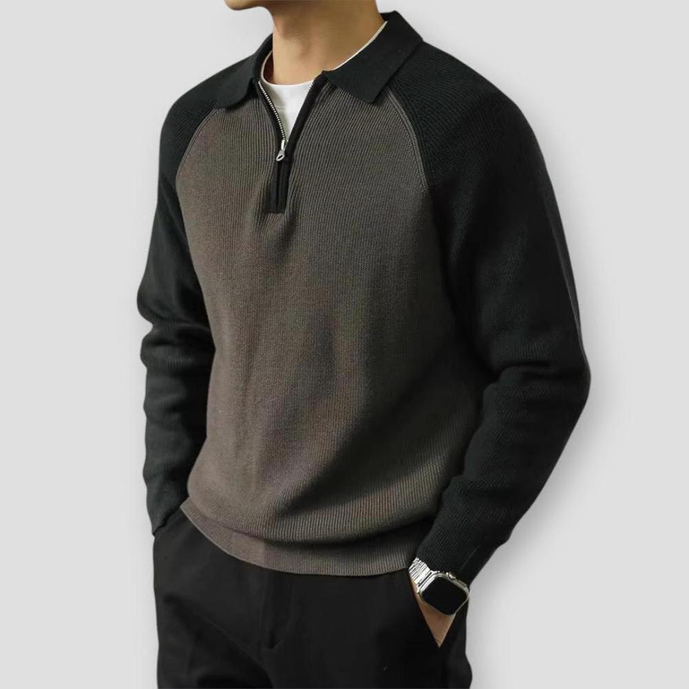 Danny Men’s Quarter Zip Sweater – Knit Polo Pullover with Contrast Panels