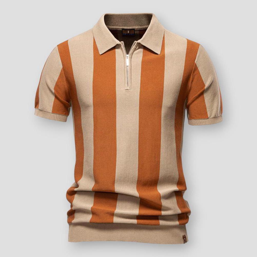 Manuel Men’s Knitted Polo Shirt – Striped Retro Zip Collar in Breathable Blend
