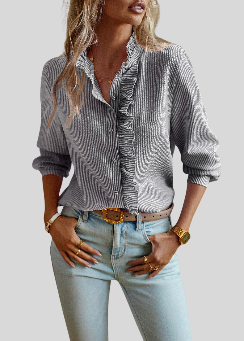 Caira Women’s Blouse – Ruffle Detail with Long Sleeves in Breathable Polyester