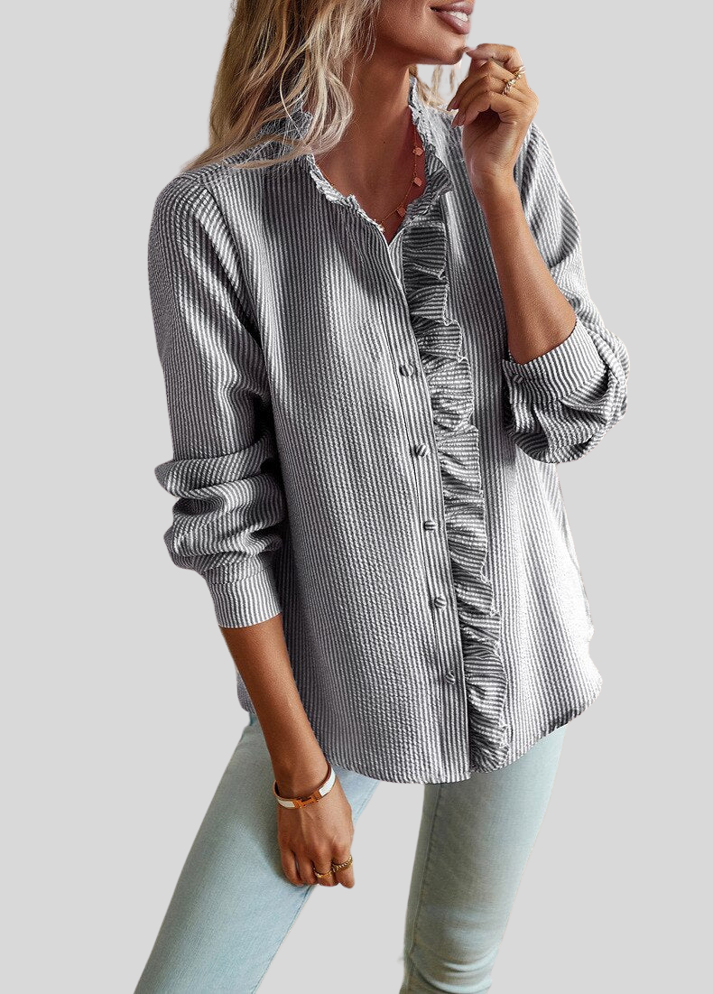 Caira Women’s Blouse – Ruffle Detail with Long Sleeves in Breathable Polyester