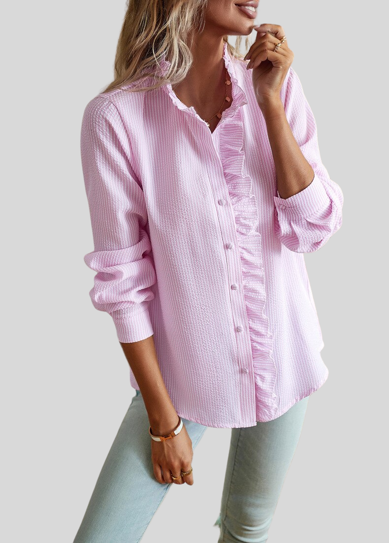 Caira Women’s Blouse – Ruffle Detail with Long Sleeves in Breathable Polyester