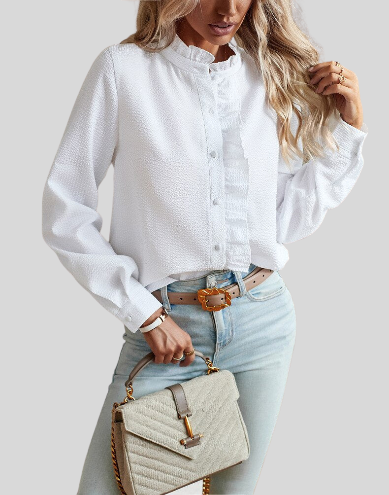 Caira Women’s Blouse – Ruffle Detail with Long Sleeves in Breathable Polyester
