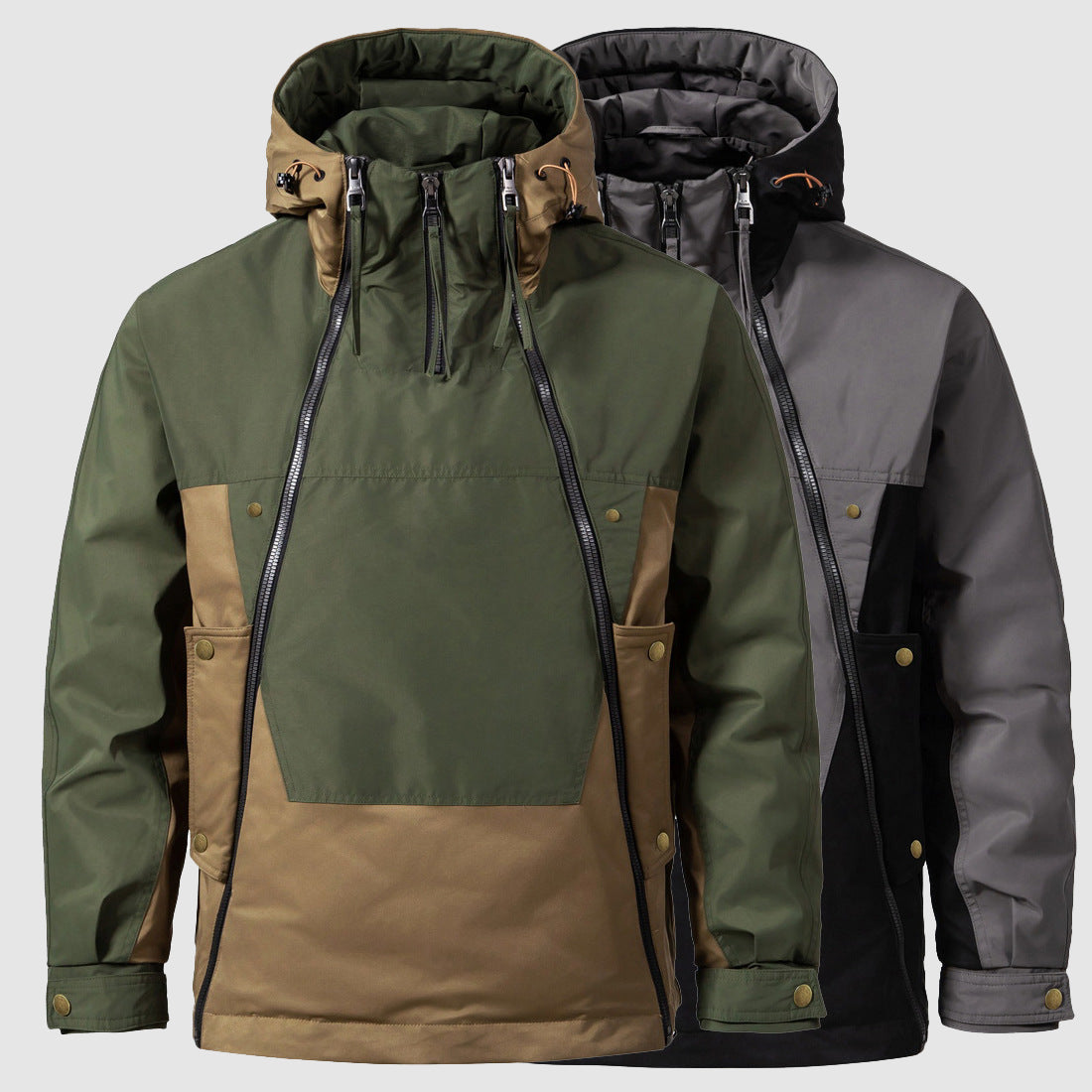 Ethan Men’s Color-Block Down Jacket – Hooded Double Zipper Half-Zip Anorak Winter Coat