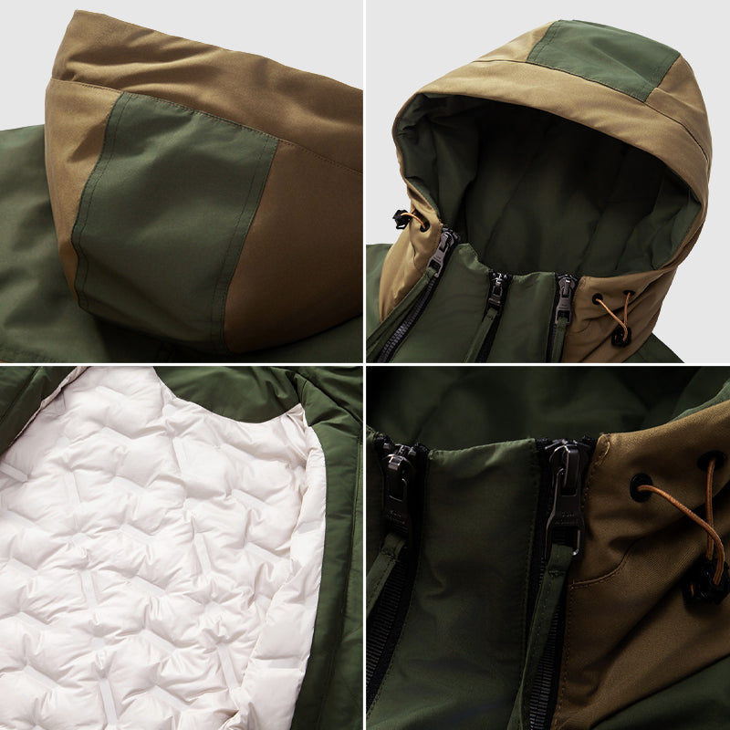 Ethan Men’s Color-Block Down Jacket – Hooded Double Zipper Half-Zip Anorak Winter Coat