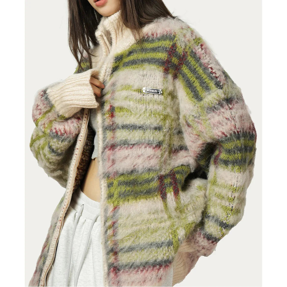 Harper Women’s Knit Sweater – Soft Fluffy Plaid with Relaxed Zip Fit