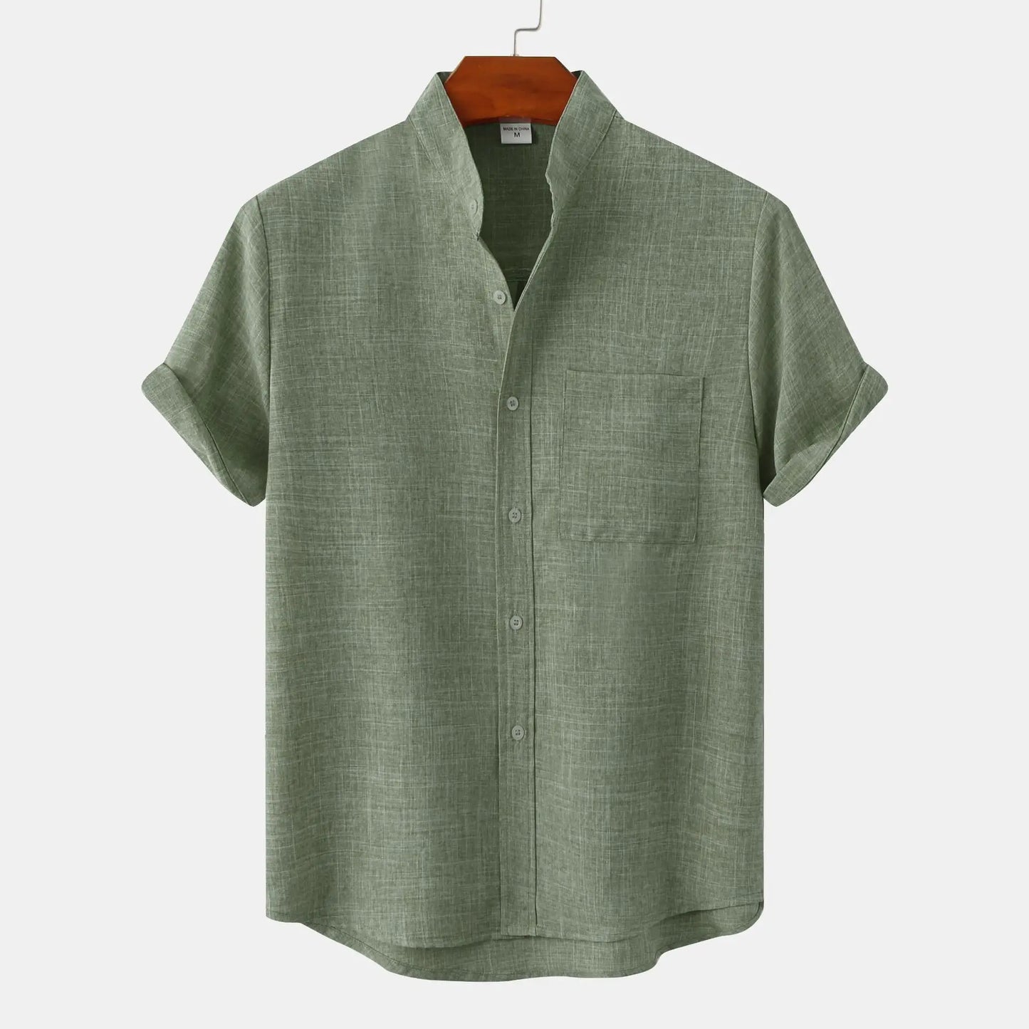 Leonard Men’s Linen Shirt – Collarless Short Sleeve Button-Up for Summer