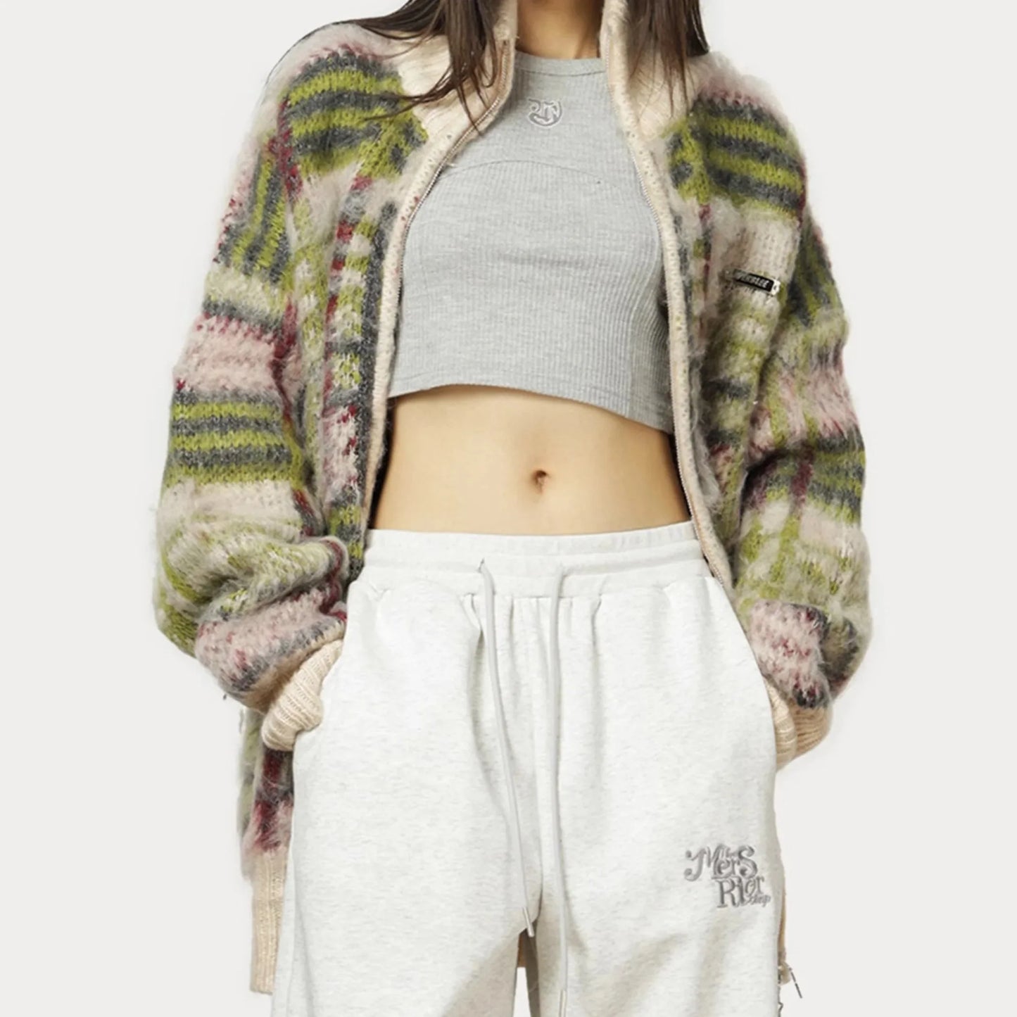 Harper Women’s Knit Sweater – Soft Fluffy Plaid with Relaxed Zip Fit