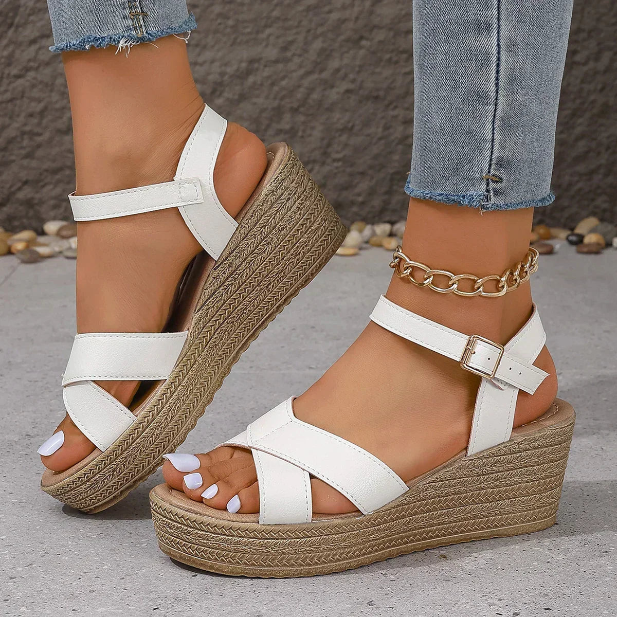 Amelie Women’s Wedge Sandals – PU Leather with Chunky Platform & Adjustable Strap