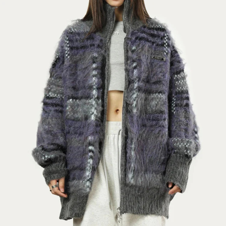 Harper Women’s Knit Sweater – Soft Fluffy Plaid with Relaxed Zip Fit