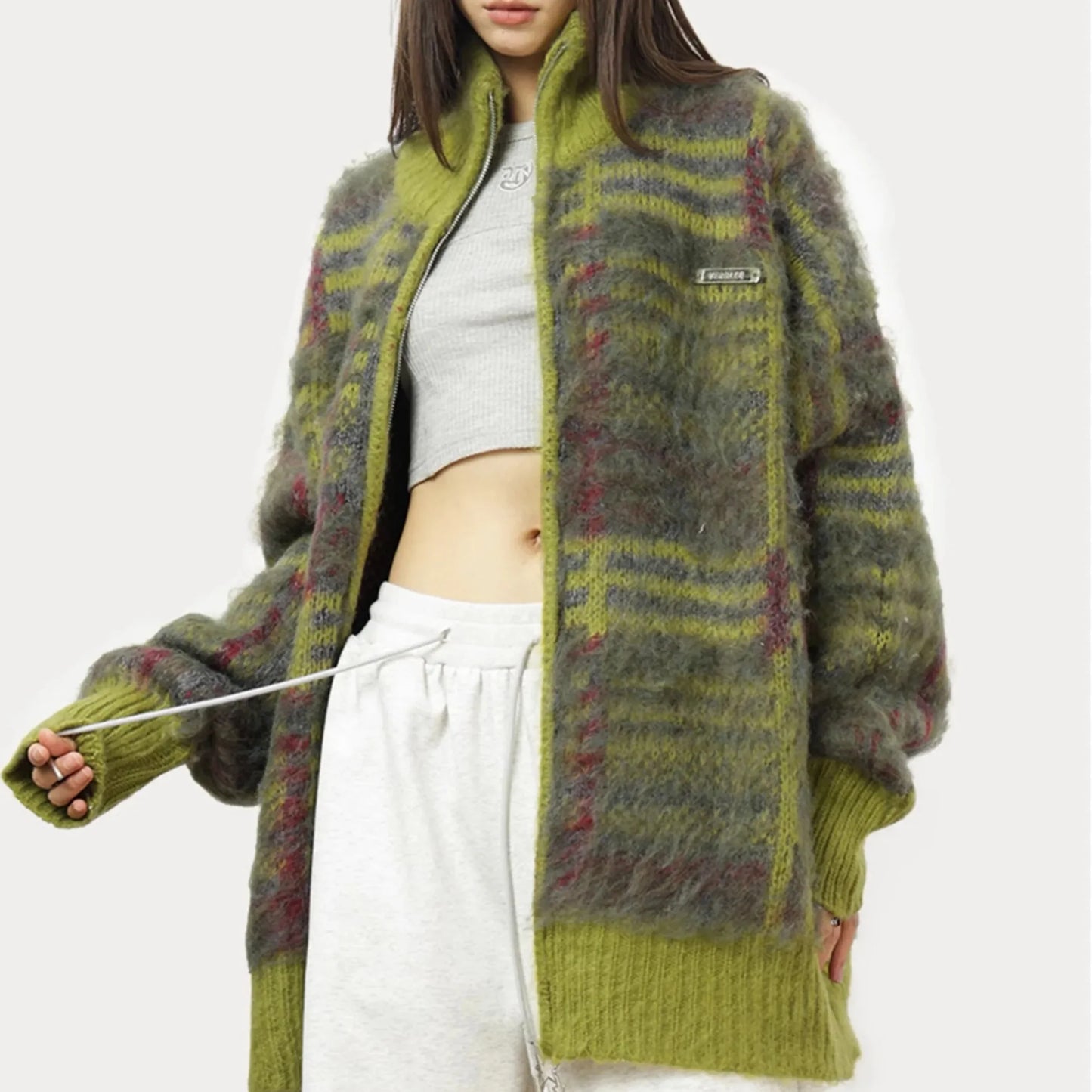 Harper Women’s Knit Sweater – Soft Fluffy Plaid with Relaxed Zip Fit