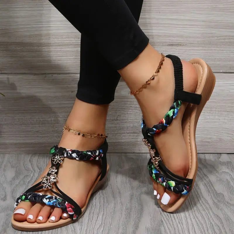 Katrina Women’s Braided Flat Sandals – PU Slip-On with Elastic Back Strap
