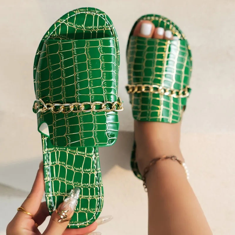 Florence Women’s Slip On Sandals – PU Chain Detail Flats for Summer & Beach Wear