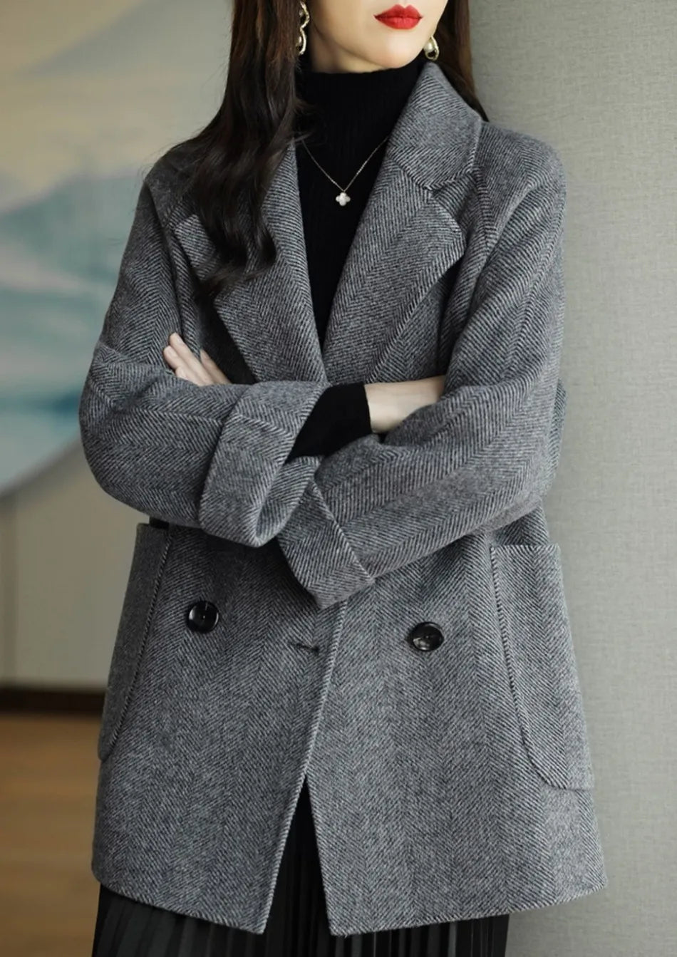 Elara Women’s Trench Coat – Double-Breasted Wool Blend with Tailored Fit